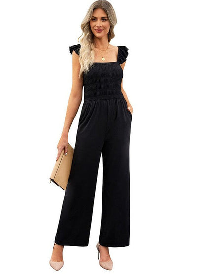 Women's Sleeveless Jumpsuit with Wide Leg Pants and Wooden Ear Accents