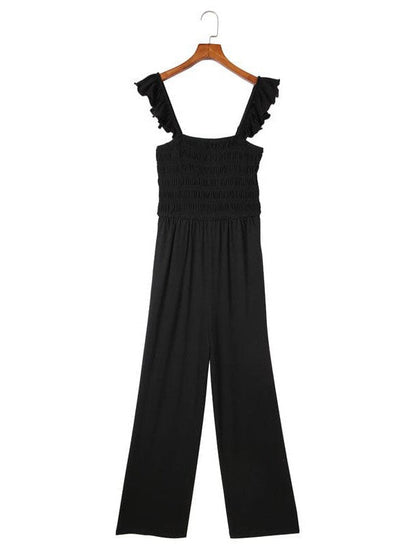 Women's Sleeveless Jumpsuit with Wide Leg Pants and Wooden Ear Accents