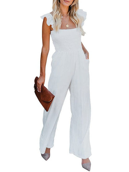 Women's Sleeveless Jumpsuit with Wide Leg Pants and Wooden Ear Accents