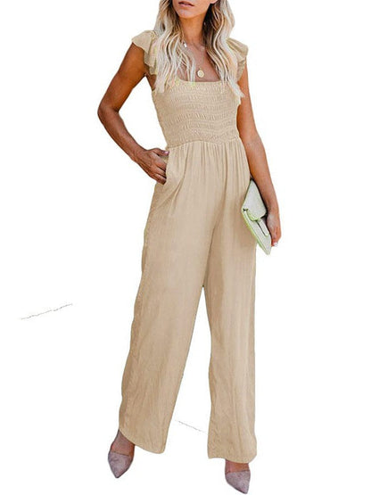 Women's Sleeveless Jumpsuit with Wide Leg Pants and Wooden Ear Accents