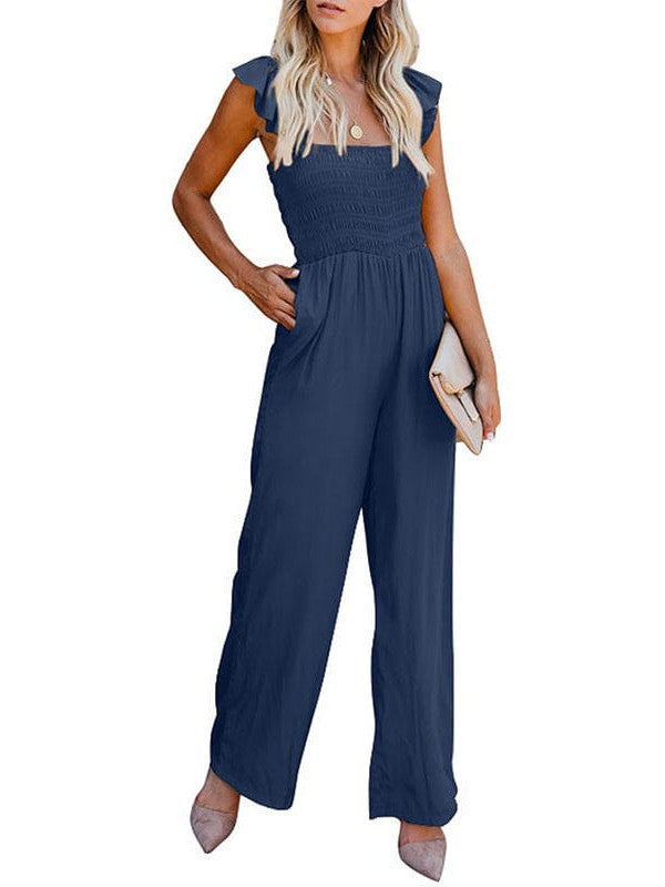 Women's Sleeveless Jumpsuit with Wide Leg Pants and Wooden Ear Accents