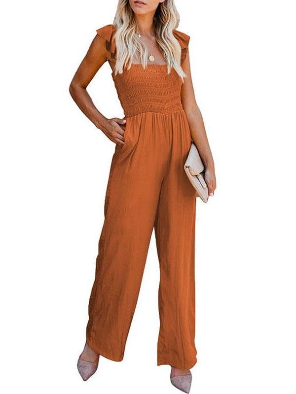 Women's Sleeveless Jumpsuit with Wide Leg Pants and Wooden Ear Accents