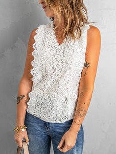 Women's Sleeveless Lace Top with Wrinkle Detail - Ice Silk Vest in Solid Color