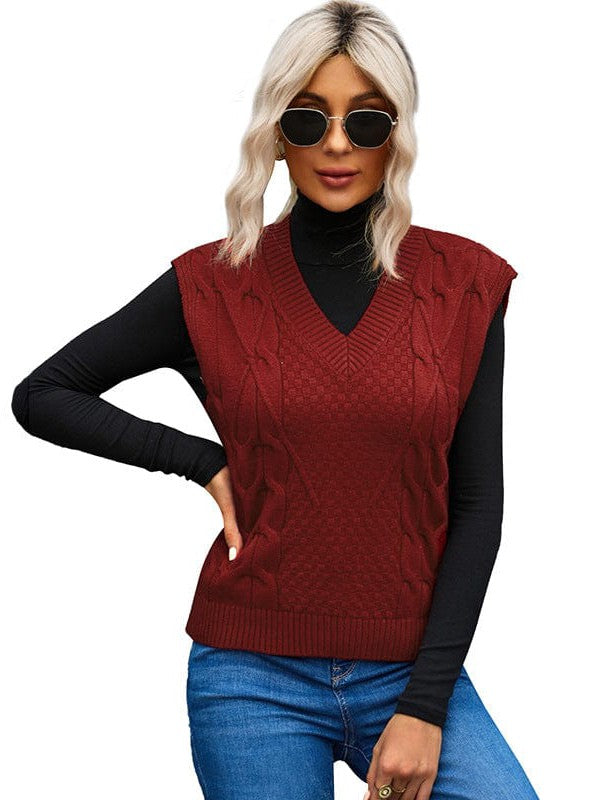 Women's Slim Fit V-Neck Cable Knit Sleeveless Vest Sweater with Solid Color Casual Vest Jacket