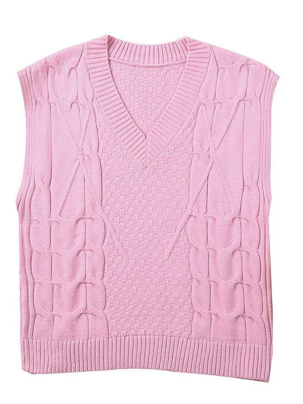 Women's Slim Fit V-Neck Cable Knit Sleeveless Vest Sweater with Solid Color Casual Vest Jacket