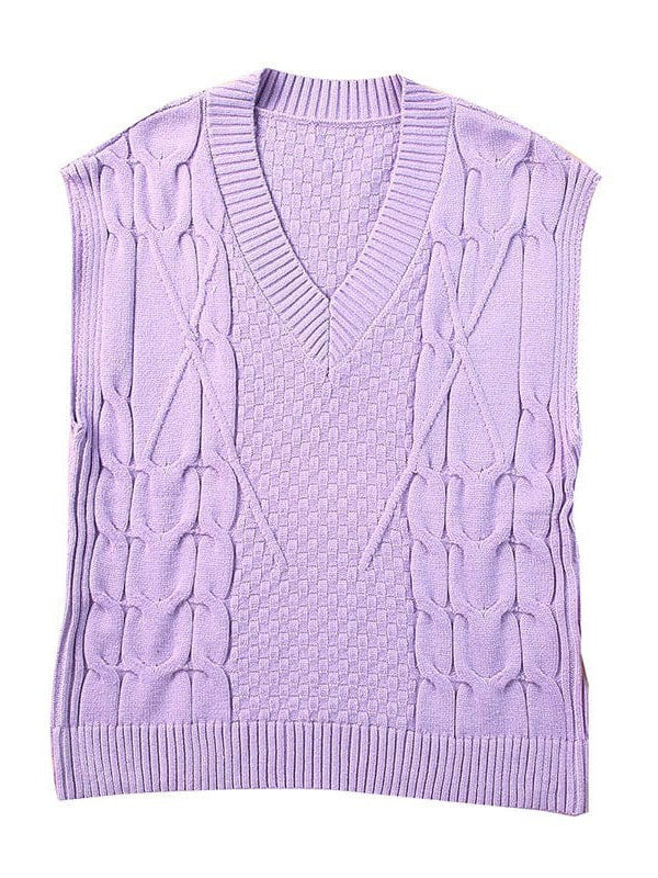 Women's Slim Fit V-Neck Cable Knit Sleeveless Vest Sweater with Solid Color Casual Vest Jacket