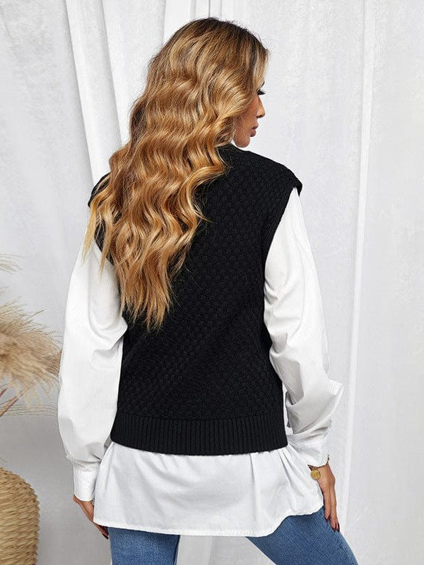 Women's Slim Fit V-Neck Cable Knit Sleeveless Vest Sweater with Solid Color Casual Vest Jacket