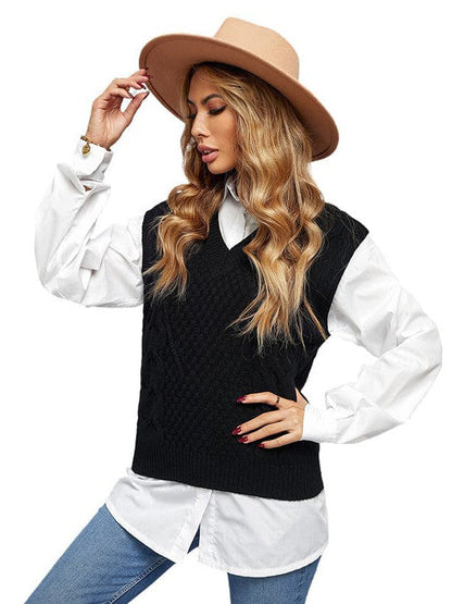 Women's Slim Fit V-Neck Cable Knit Sleeveless Vest Sweater with Solid Color Casual Vest Jacket