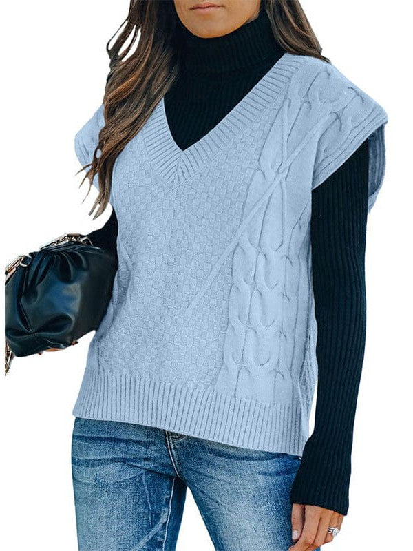 Women's Slim Fit V-Neck Cable Knit Sleeveless Vest Sweater with Solid Color Casual Vest Jacket