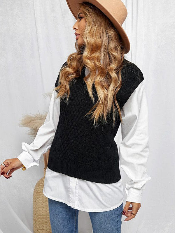 Women's Slim Fit V-Neck Cable Knit Sleeveless Vest Sweater with Solid Color Casual Vest Jacket