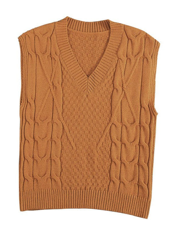 Women's Slim Fit V-Neck Cable Knit Sleeveless Vest Sweater with Solid Color Casual Vest Jacket