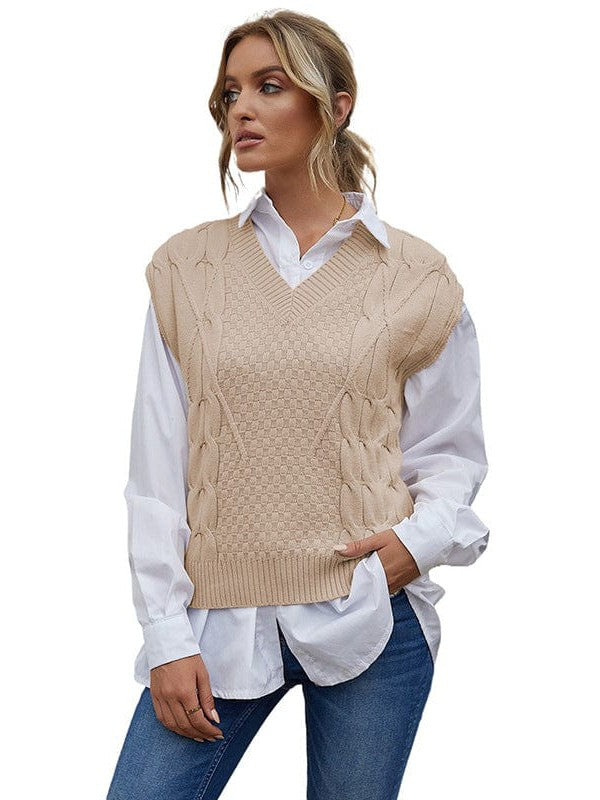 Women's Slim Fit V-Neck Cable Knit Sleeveless Vest Sweater with Solid Color Casual Vest Jacket