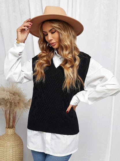 Women's Slim Fit V-Neck Cable Knit Sleeveless Vest Sweater with Solid Color Casual Vest Jacket