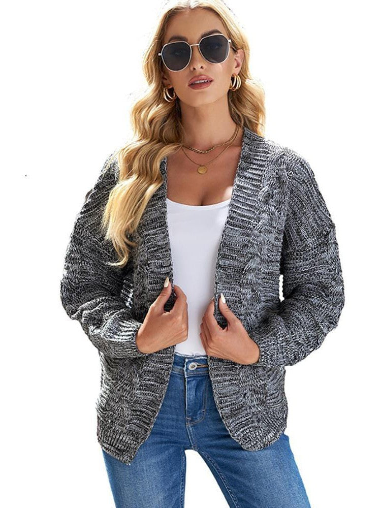 Women's Solid Color Knitted Cardigan with Long Sleeves and Buttonless Design