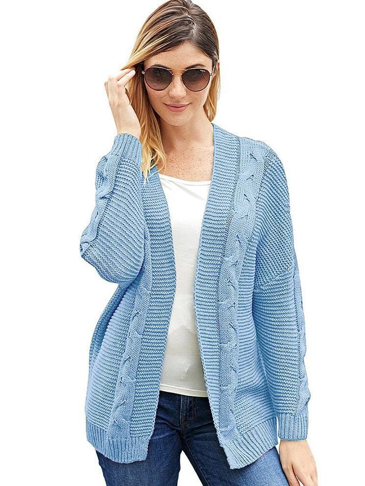 Women's Solid Color Knitted Cardigan with Long Sleeves and Buttonless Design