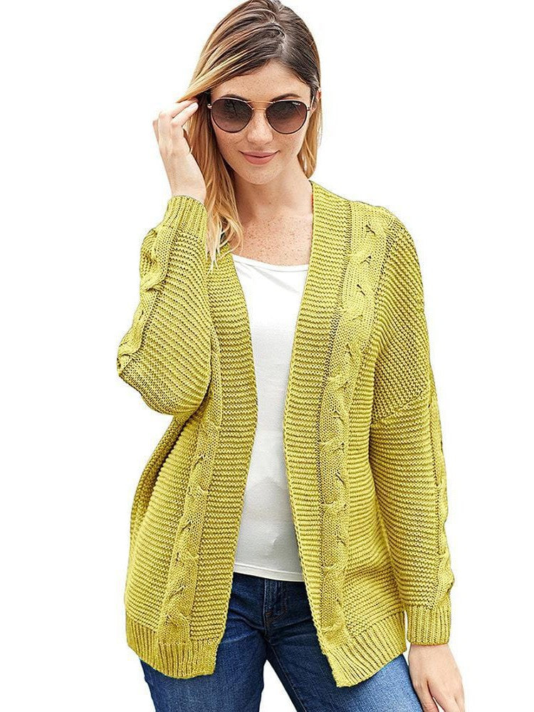 Women's Solid Color Knitted Cardigan with Long Sleeves and Buttonless Design