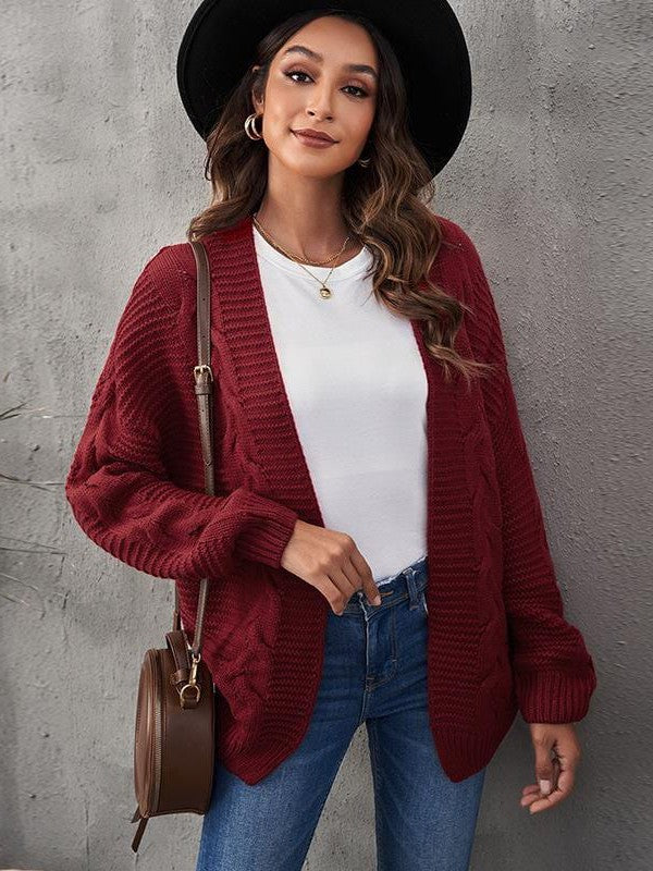 Women's Solid Color Knitted Cardigan with Long Sleeves and Buttonless Design