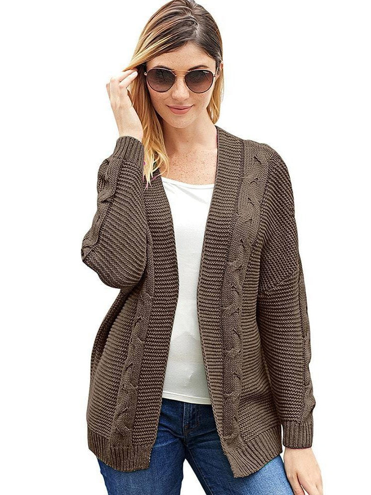 Women's Solid Color Knitted Cardigan with Long Sleeves and Buttonless Design