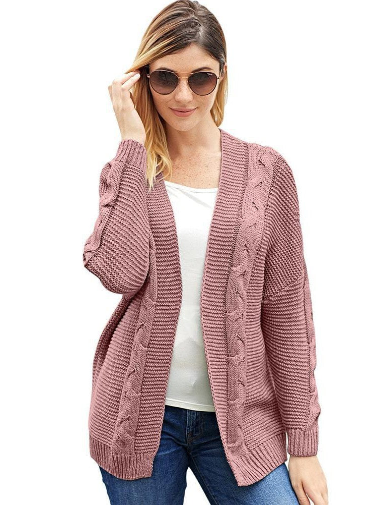 Women's Solid Color Knitted Cardigan with Long Sleeves and Buttonless Design