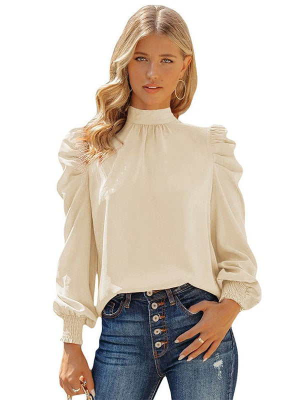 Women's Solid Color Long-Sleeve Turtleneck Pullover with Chiffon Princess Sleeves