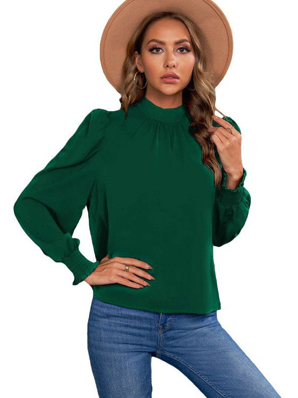 Women's Solid Color Long-Sleeve Turtleneck Pullover with Chiffon Princess Sleeves