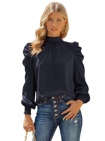 Women's Solid Color Long-Sleeve Turtleneck Pullover with Chiffon Princess Sleeves