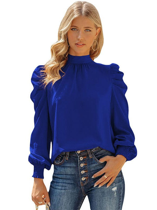 Women's Solid Color Long-Sleeve Turtleneck Pullover with Chiffon Princess Sleeves