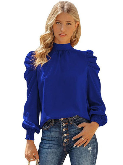 Women's Solid Color Long-Sleeve Turtleneck Pullover with Chiffon Princess Sleeves