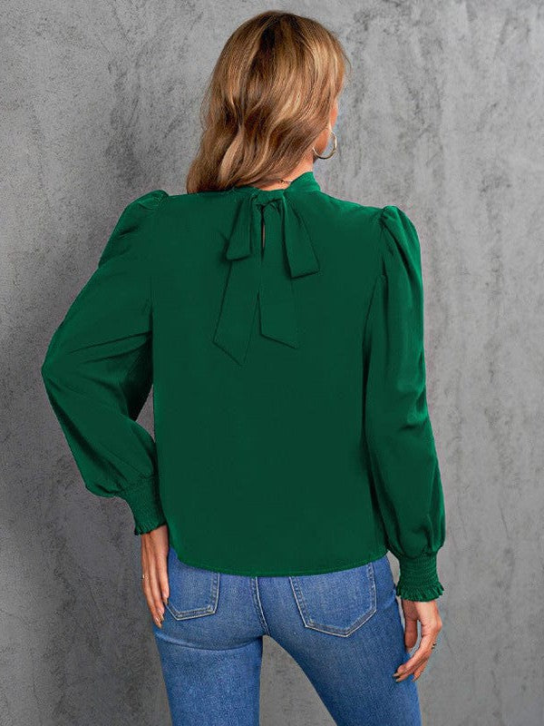 Women's Solid Color Long-Sleeve Turtleneck Pullover with Chiffon Princess Sleeves