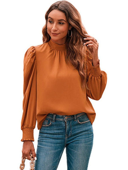 Women's Solid Color Long-Sleeve Turtleneck Pullover with Chiffon Princess Sleeves