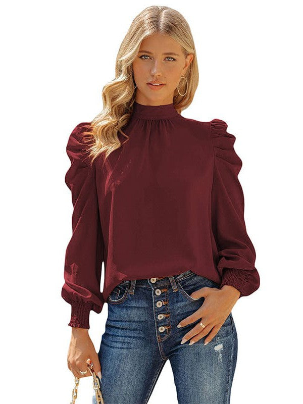 Women's Solid Color Long-Sleeve Turtleneck Pullover with Chiffon Princess Sleeves