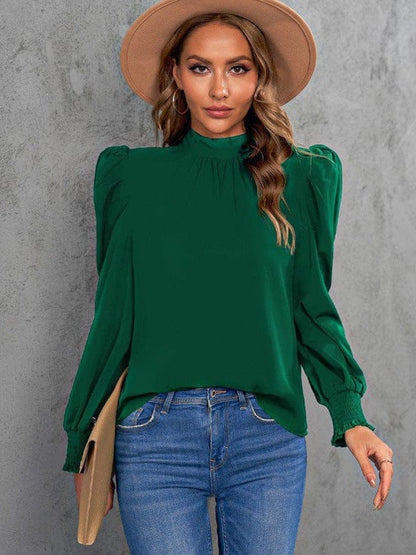 Women's Solid Color Long-Sleeve Turtleneck Pullover with Chiffon Princess Sleeves