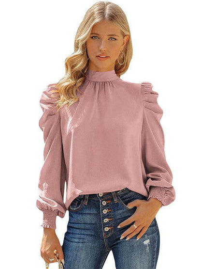 Women's Solid Color Long-Sleeve Turtleneck Pullover with Chiffon Princess Sleeves