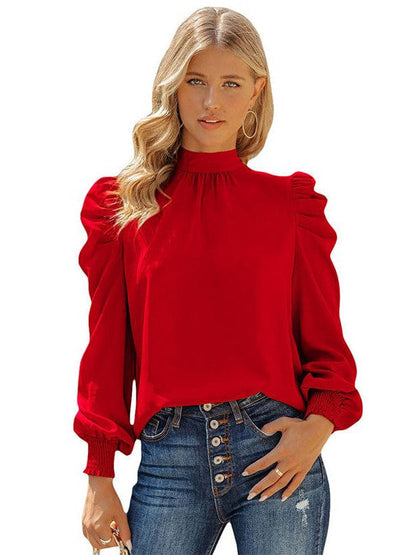 Women's Solid Color Long-Sleeve Turtleneck Pullover with Chiffon Princess Sleeves