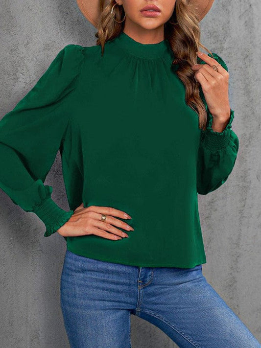 Women's Solid Color Long-Sleeve Turtleneck Pullover with Chiffon Princess Sleeves