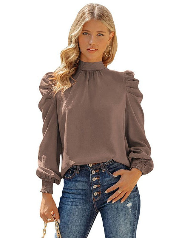 Women's Solid Color Long-Sleeve Turtleneck Pullover with Chiffon Princess Sleeves