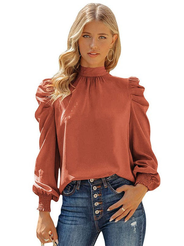 Women's Solid Color Long-Sleeve Turtleneck Pullover with Chiffon Princess Sleeves