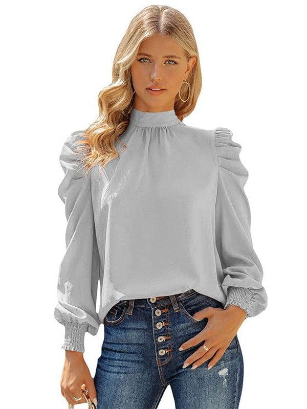 Women's Solid Color Long-Sleeve Turtleneck Pullover with Chiffon Princess Sleeves