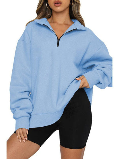 Women's Solid Color Loose Half-Zip Pullover Sweatshirt with Long Sleeves