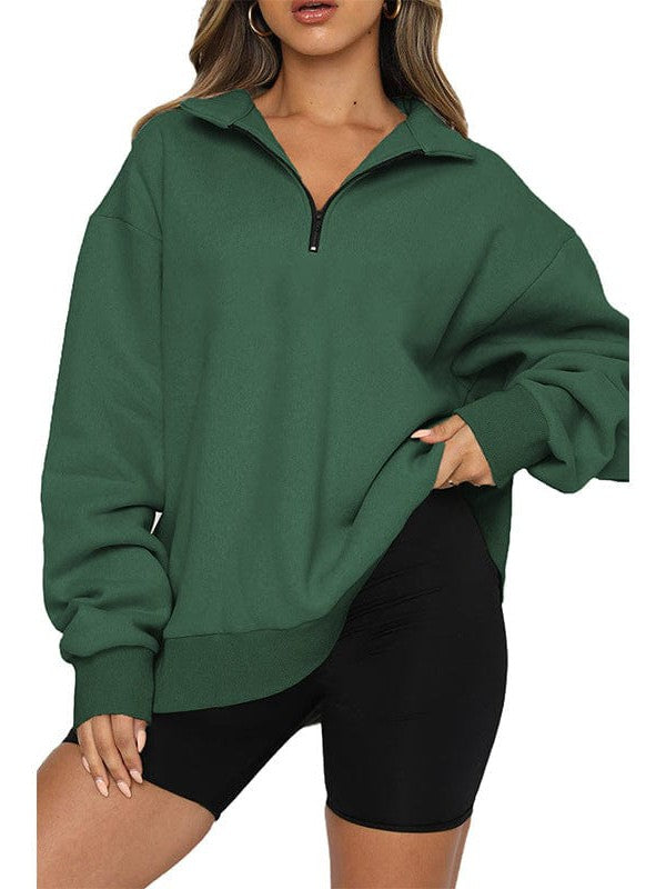 Women's Solid Color Loose Half-Zip Pullover Sweatshirt with Long Sleeves