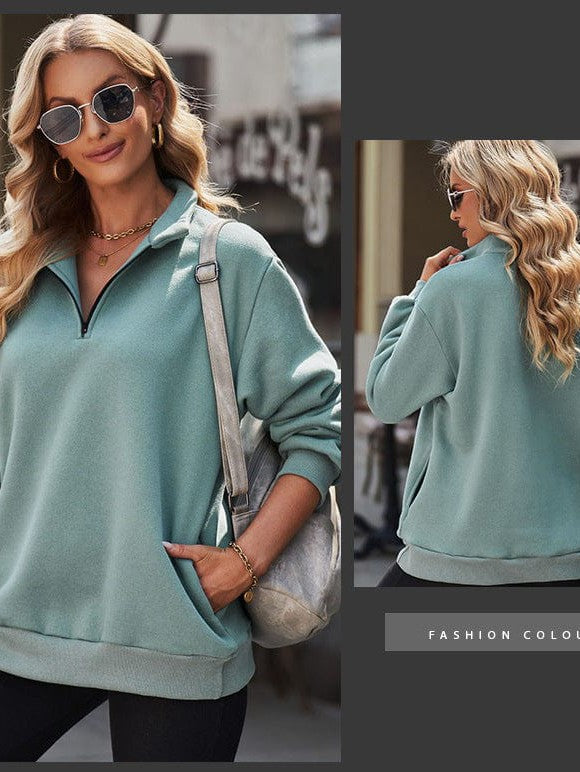 Women's Solid Color Loose Half-Zip Pullover Sweatshirt with Long Sleeves