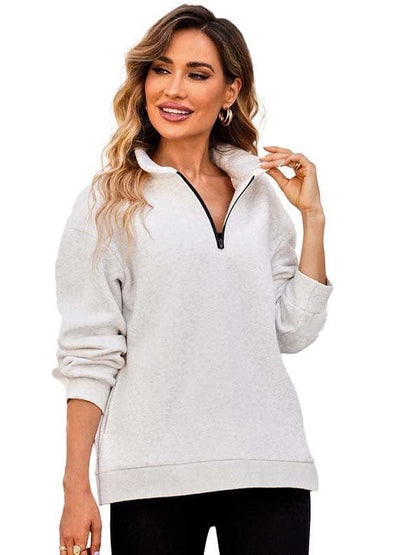 Women's Solid Color Loose Half-Zip Pullover Sweatshirt with Long Sleeves