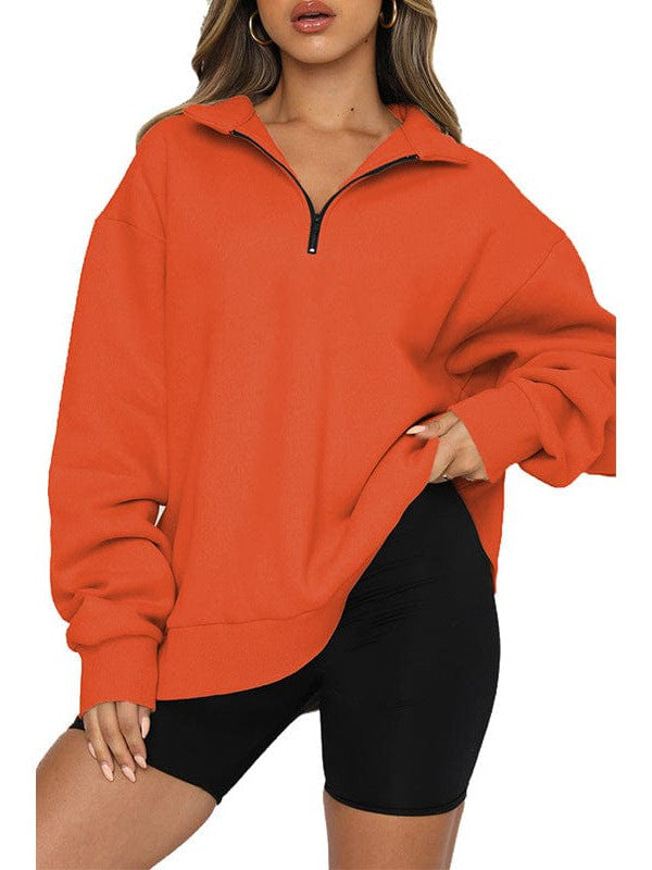 Women's Solid Color Loose Half-Zip Pullover Sweatshirt with Long Sleeves