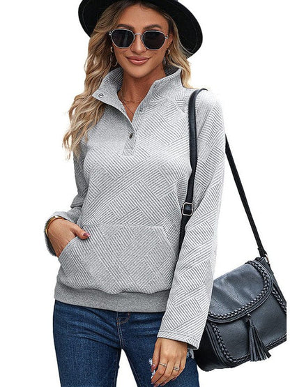 Women's Solid Color Loose Half-Zip Pullover Sweatshirt with Long Sleeves