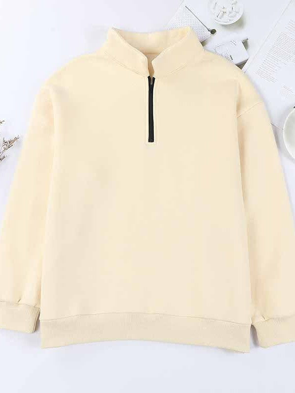 Women's Solid Color Loose Half-Zip Pullover Sweatshirt with Long Sleeves