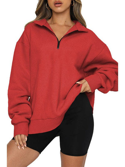 Women's Solid Color Loose Half-Zip Pullover Sweatshirt with Long Sleeves