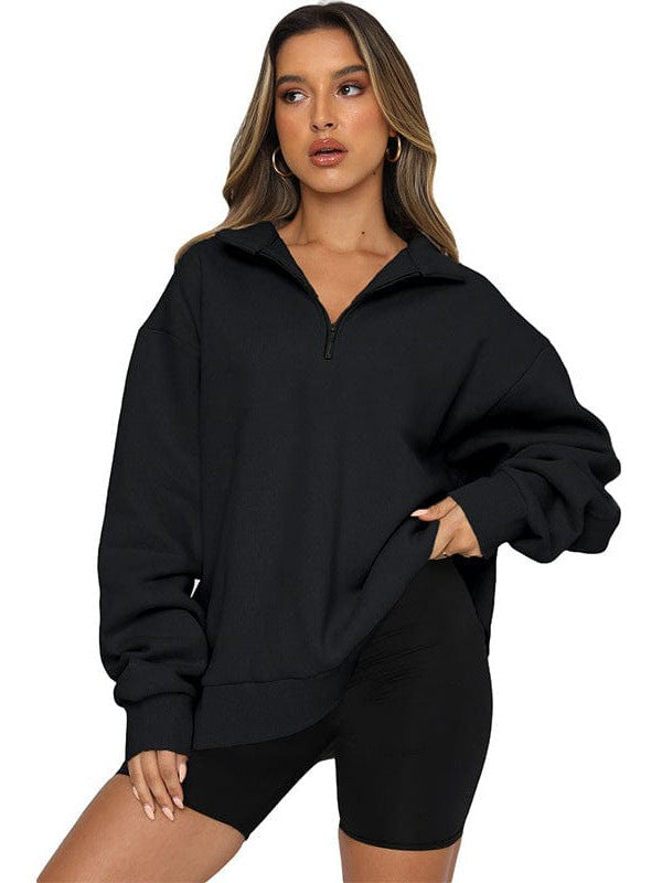 Women's Solid Color Loose Half-Zip Pullover Sweatshirt with Long Sleeves