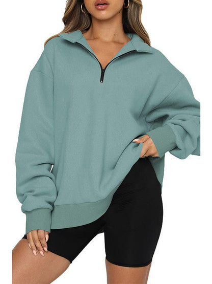 Women's Solid Color Loose Half-Zip Pullover Sweatshirt with Long Sleeves