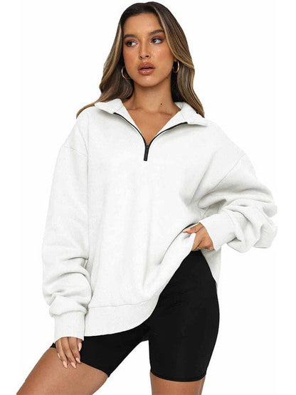 Women's Solid Color Loose Half-Zip Pullover Sweatshirt with Long Sleeves