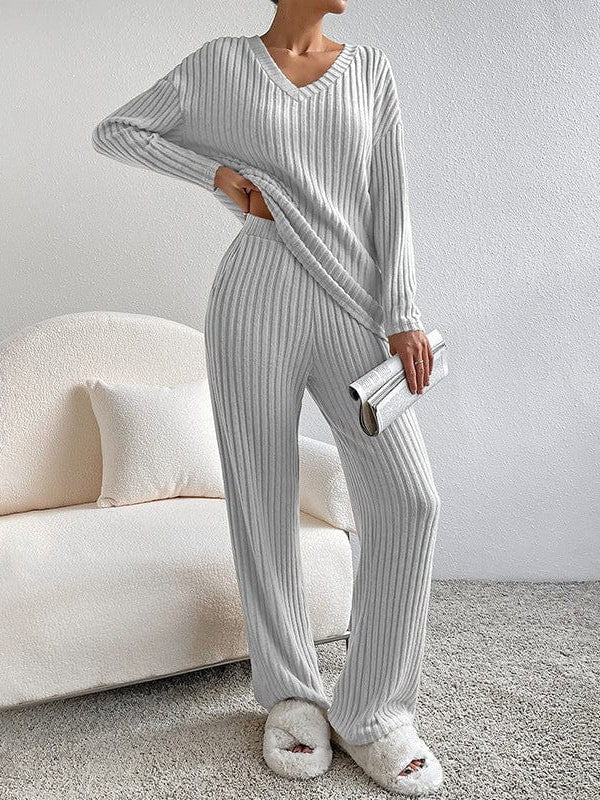 Women's Solid Color V-Neck Suit with Long Sleeves and Straight Trousers